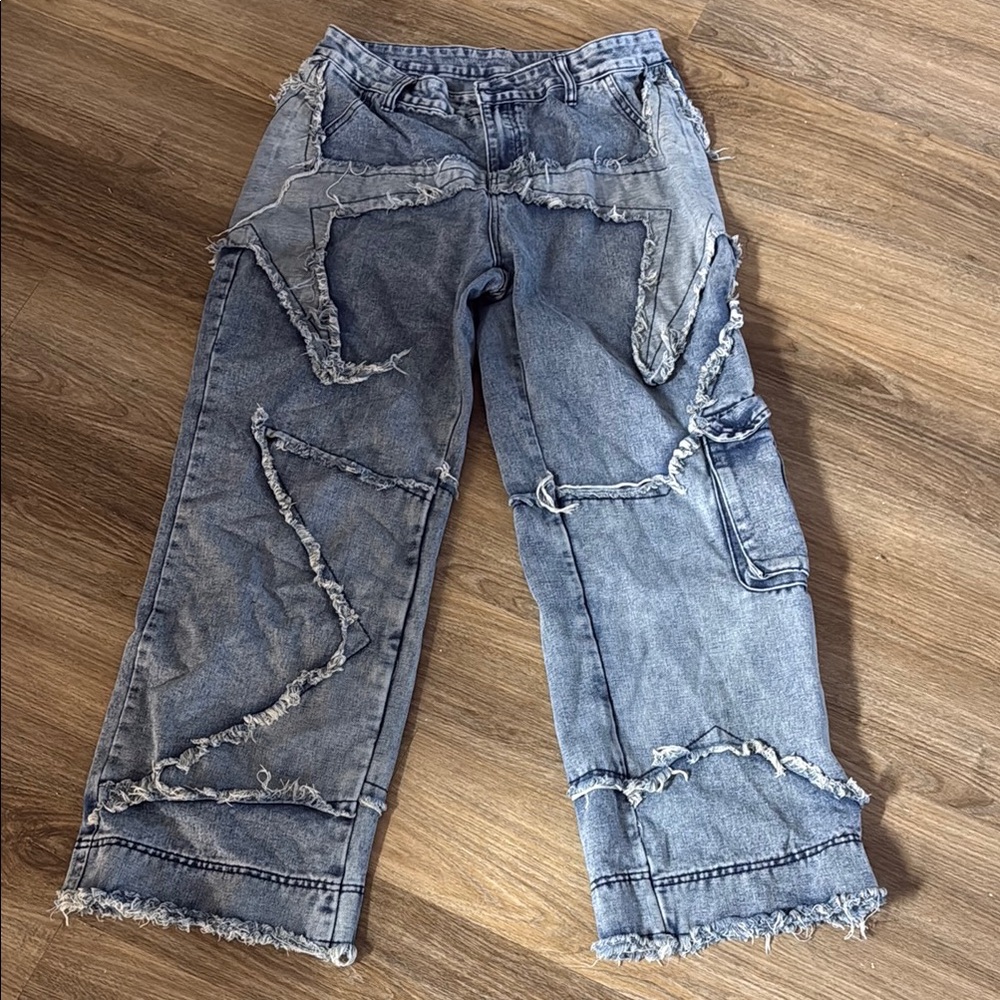 ROMWE Frayed Edge Blue Wide Leg Jeans